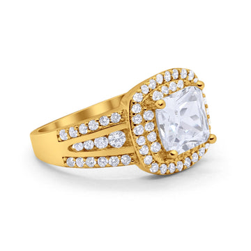 Halo Wedding Ring Princess Yellow Tone, Simulated Cubic Zirconia 925 Sterling Silver
